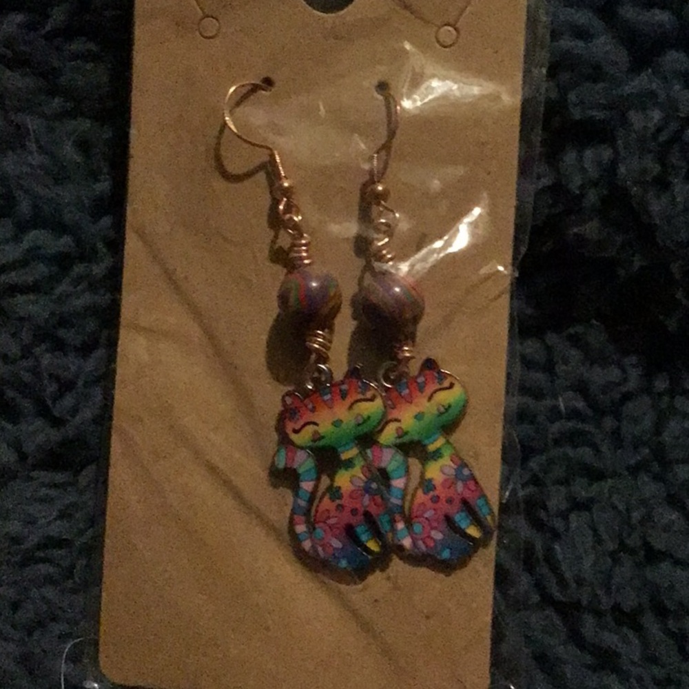 Beautiful handmade dangling earrings multi colored cat earrings